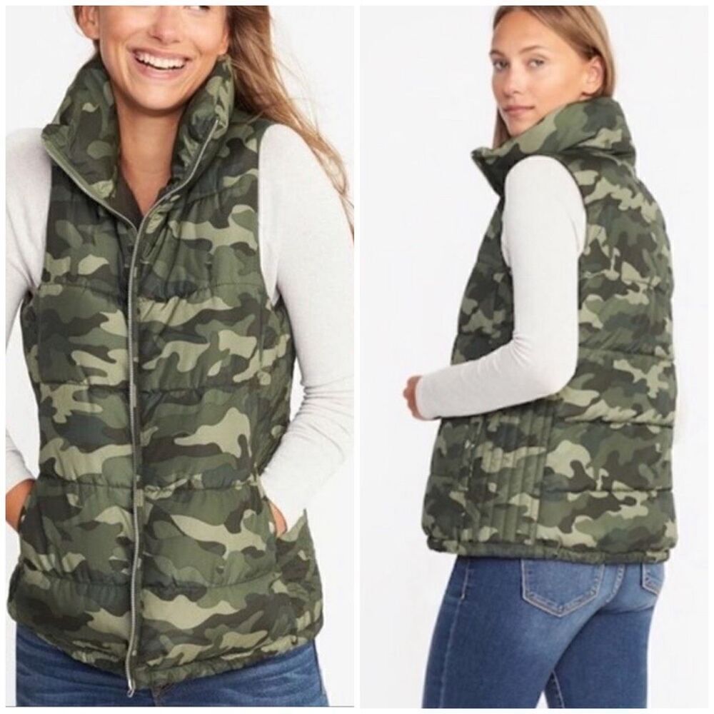 Old Navy Women’s Green Camo Zip up Puffer Vest Jacket Size XS